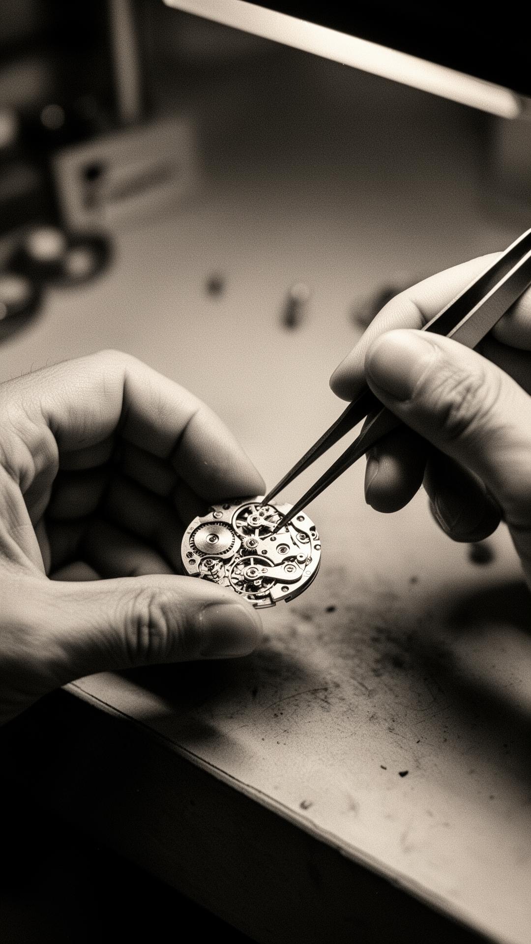 A watchmaker assembling a movement